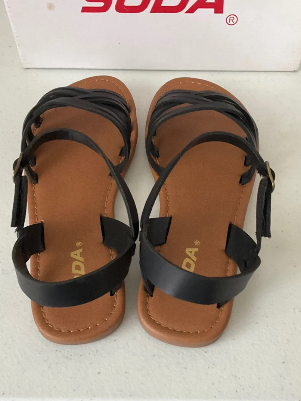 SODA Black Strappy Ankle Sandals with Tan Footbed